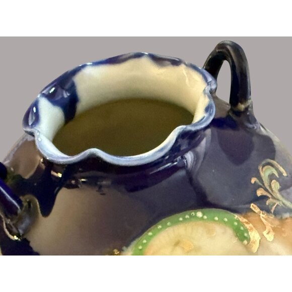 Antique Hand-Painted Cobalt Porcelain Floral Piedestal Vase Blue Florals & Gold - Picture 8 of 12